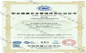 职业健康安全管理体系认证证书